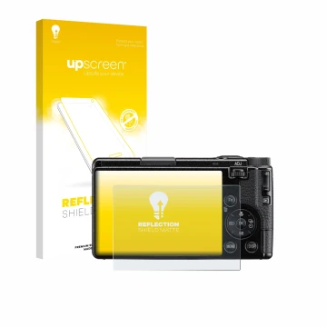 Parte frontale di una confezione del prodotto con il logo del marchio upscreen. Accanto è raffigurato il dispositivo Ricoh GR 