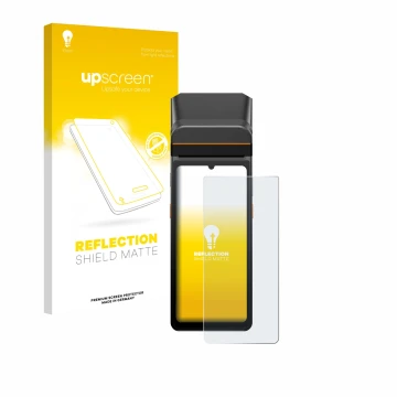 Parte frontale di una confezione del prodotto con il logo del marchio upscreen. Accanto è raffigurato il dispositivo Sunmi V3 