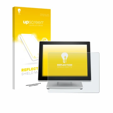 Parte frontale di una confezione del prodotto con il logo del marchio upscreen. Accanto è raffigurato il dispositivo Posiflex 