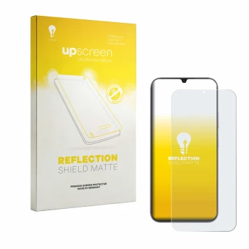 Parte frontale di una confezione del prodotto con il logo del marchio upscreen. Accanto è raffigurato il dispositivo realme C1