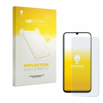 Parte frontale di una confezione del prodotto con il logo del marchio upscreen. Accanto è raffigurato il dispositivo realme C1