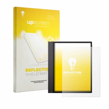 Parte frontale di una confezione del prodotto con il logo del marchio upscreen. Accanto è raffigurato il dispositivo Boox Note
