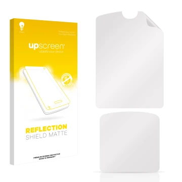 Parte frontale di una confezione del prodotto con il logo del marchio upscreen. Accanto si trova la protezione per lo schermo 