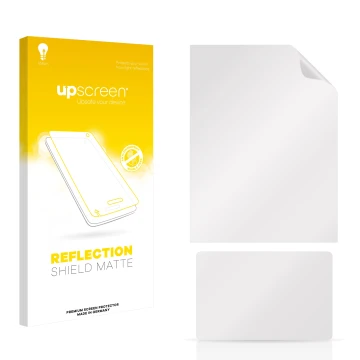 Parte frontale di una confezione del prodotto con il logo del marchio upscreen. Accanto si trova la protezione per lo schermo 
