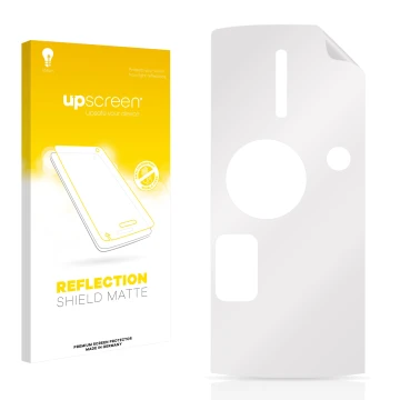 Parte frontale di una confezione del prodotto con il logo del marchio upscreen. Accanto si trova la protezione per lo schermo 