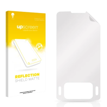 Parte frontale di una confezione del prodotto con il logo del marchio upscreen. Accanto si trova la protezione per lo schermo 