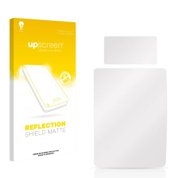 Parte frontale di una confezione del prodotto con il logo del marchio upscreen. Accanto si trova la protezione per lo schermo 