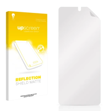 Parte frontale di una confezione del prodotto con il logo del marchio upscreen. Accanto si trova la protezione per lo schermo 