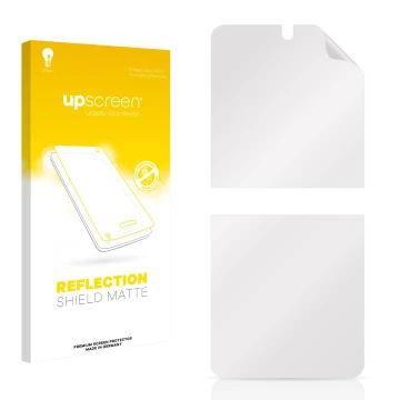 Parte frontale di una confezione del prodotto con il logo del marchio upscreen. Accanto si trova la protezione per lo schermo 