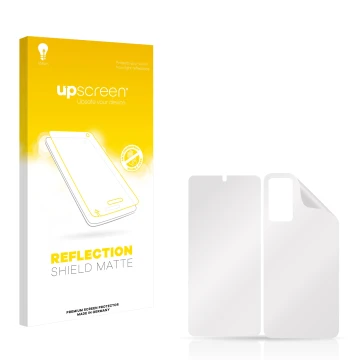 Parte frontale di una confezione del prodotto con il logo del marchio upscreen. Accanto si trova la protezione per lo schermo 