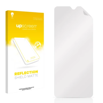 Parte frontale di una confezione del prodotto con il logo del marchio upscreen. Accanto si trova la protezione per lo schermo 