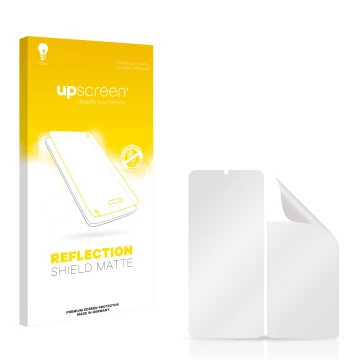 Parte frontale di una confezione del prodotto con il logo del marchio upscreen. Accanto si trova la protezione per lo schermo 