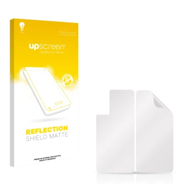 Parte frontale di una confezione del prodotto con il logo del marchio upscreen. Accanto si trova la protezione per lo schermo 