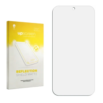 Parte frontale di una confezione del prodotto con il logo del marchio upscreen. Accanto si trova la protezione per lo schermo 