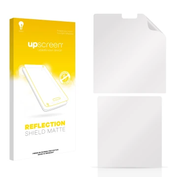 Parte frontale di una confezione del prodotto con il logo del marchio upscreen. Accanto si trova la protezione per lo schermo 