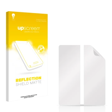 Parte frontale di una confezione del prodotto con il logo del marchio upscreen. Accanto si trova la protezione per lo schermo 