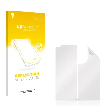 Parte frontale di una confezione del prodotto con il logo del marchio upscreen. Accanto si trova la protezione per lo schermo 