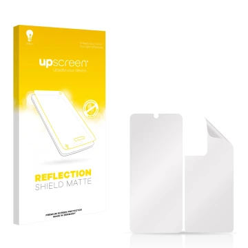 Parte frontale di una confezione del prodotto con il logo del marchio upscreen. Accanto si trova la protezione per lo schermo 