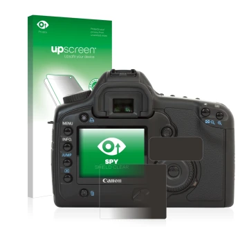 Parte frontale di una confezione del prodotto con il logo del marchio upscreen. Accanto è raffigurato il dispositivo Canon EOS