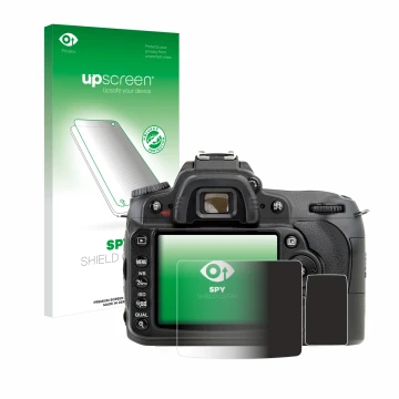 Parte frontale di una confezione del prodotto con il logo del marchio upscreen. Accanto è raffigurato il dispositivo Nikon D90