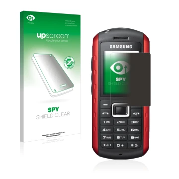 Parte frontale di una confezione del prodotto con il logo del marchio upscreen. Accanto è raffigurato il dispositivo Samsung B