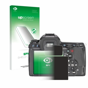 Parte frontale di una confezione del prodotto con il logo del marchio upscreen. Accanto è raffigurato il dispositivo Pentax K7