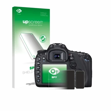 Parte frontale di una confezione del prodotto con il logo del marchio upscreen. Accanto è raffigurato il dispositivo Canon EOS