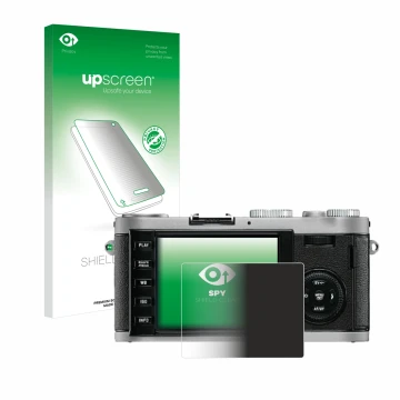 Parte frontale di una confezione del prodotto con il logo del marchio upscreen. Accanto è raffigurato il dispositivo Leica X1 