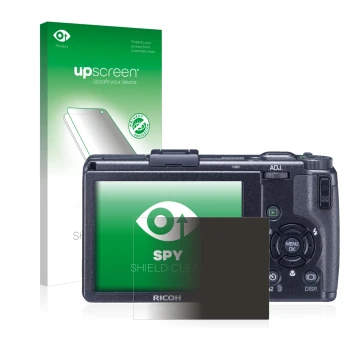 Parte frontale di una confezione del prodotto con il logo del marchio upscreen. Accanto è raffigurato il dispositivo Ricoh GR 