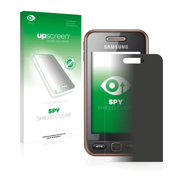 Parte frontale di una confezione del prodotto con il logo del marchio upscreen. Accanto è raffigurato il dispositivo Samsung G