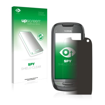 Parte frontale di una confezione del prodotto con il logo del marchio upscreen. Accanto è raffigurato il dispositivo Nokia C7-