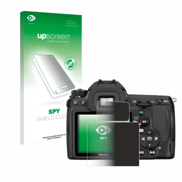 Parte frontale di una confezione del prodotto con il logo del marchio upscreen. Accanto è raffigurato il dispositivo Pentax K5