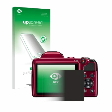 Parte frontale di una confezione del prodotto con il logo del marchio upscreen. Accanto è raffigurato il dispositivo Nikon Coo