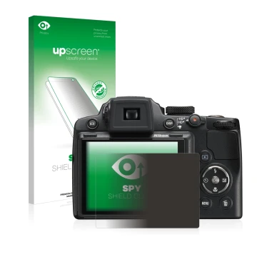 Parte frontale di una confezione del prodotto con il logo del marchio upscreen. Accanto è raffigurato il dispositivo Nikon Coo
