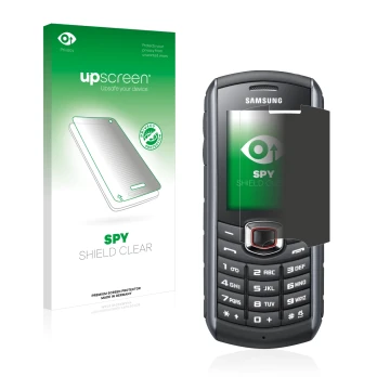 Parte frontale di una confezione del prodotto con il logo del marchio upscreen. Accanto è raffigurato il dispositivo Samsung G