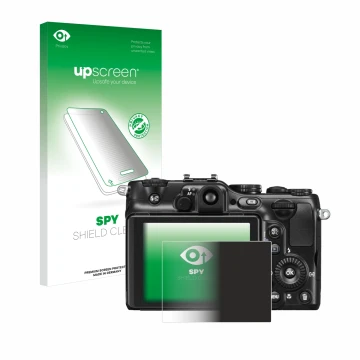 Parte frontale di una confezione del prodotto con il logo del marchio upscreen. Accanto è raffigurato il dispositivo Nikon Coo