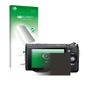 Parte frontale di una confezione del prodotto con il logo del marchio upscreen. Accanto è raffigurato il dispositivo Sony Alph