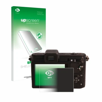 Parte frontale di una confezione del prodotto con il logo del marchio upscreen. Accanto è raffigurato il dispositivo Nikon 1 V