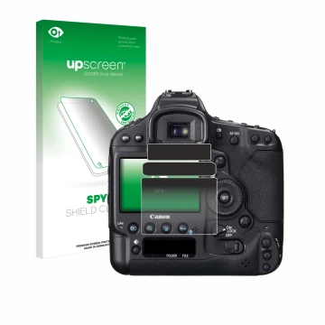 Parte frontale di una confezione del prodotto con il logo del marchio upscreen. Accanto è raffigurato il dispositivo Canon EOS