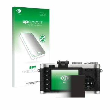 Parte frontale di una confezione del prodotto con il logo del marchio upscreen. Accanto è raffigurato il dispositivo Leica X2 