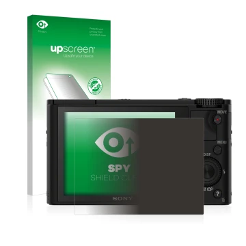 Parte frontale di una confezione del prodotto con il logo del marchio upscreen. Accanto è raffigurato il dispositivo Sony Cybe
