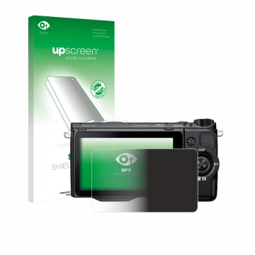 Parte frontale di una confezione del prodotto con il logo del marchio upscreen. Accanto è raffigurato il dispositivo Sony Alph