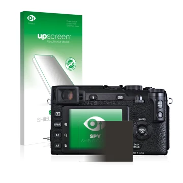 Parte frontale di una confezione del prodotto con il logo del marchio upscreen. Accanto è raffigurato il dispositivo Fujifilm 