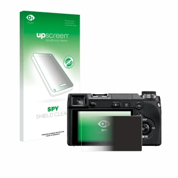 Parte frontale di una confezione del prodotto con il logo del marchio upscreen. Accanto è raffigurato il dispositivo Sony Alph