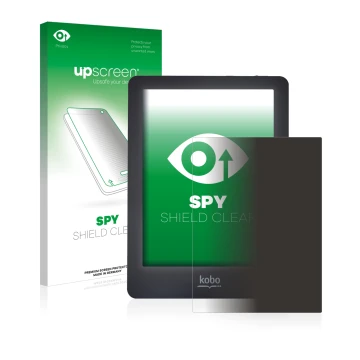 Parte frontale di una confezione del prodotto con il logo del marchio upscreen. Accanto è raffigurato il dispositivo Kobo Glo 