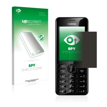 Parte frontale di una confezione del prodotto con il logo del marchio upscreen. Accanto è raffigurato il dispositivo Nokia 206