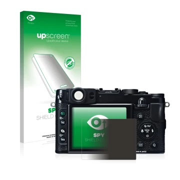 Parte frontale di una confezione del prodotto con il logo del marchio upscreen. Accanto è raffigurato il dispositivo Fujifilm 
