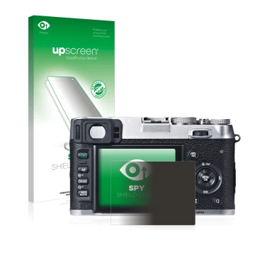 Parte frontale di una confezione del prodotto con il logo del marchio upscreen. Accanto è raffigurato il dispositivo Fujifilm 