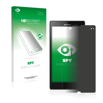 Parte frontale di una confezione del prodotto con il logo del marchio upscreen. Accanto è raffigurato il dispositivo Sony Xper