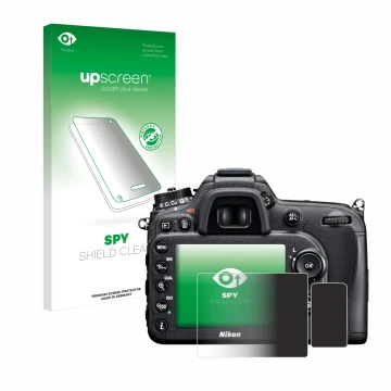 Parte frontale di una confezione del prodotto con il logo del marchio upscreen. Accanto è raffigurato il dispositivo Nikon D71